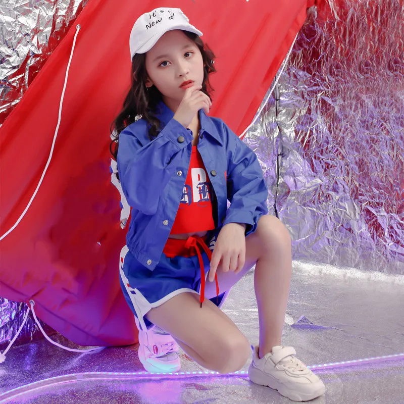 Children Hip Hop Clothing Crop Blue Jacket Top Vest Running Casual shorts for Girl Kid Jazz Dance Costume Wear Ballroom Dancing  (3)