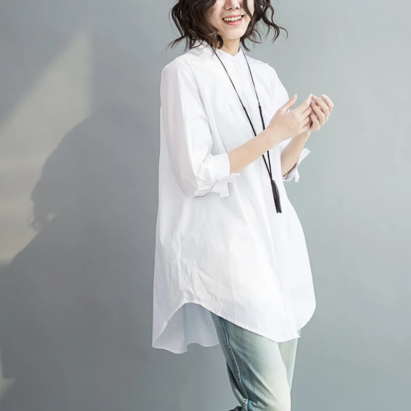  2019 Summer 100% Cotton Women White Shirts Fashion Long-sleeve Plus Size Large Loose Blouse Bow Fas