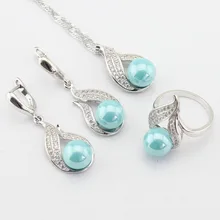 Luz Azul Simulado-Perla Blanca CZ Joyería Color de Plata Para Las Mujeres Collar Colgante Largo Pendientes Anillos Regalo caja