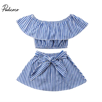 

Kids Toddler Girl Summer Clothing Set Ruffle Off-Shoulder T-shirt Top Bow Skirt Tutu Dress Stripe Baby Clothes Outfit