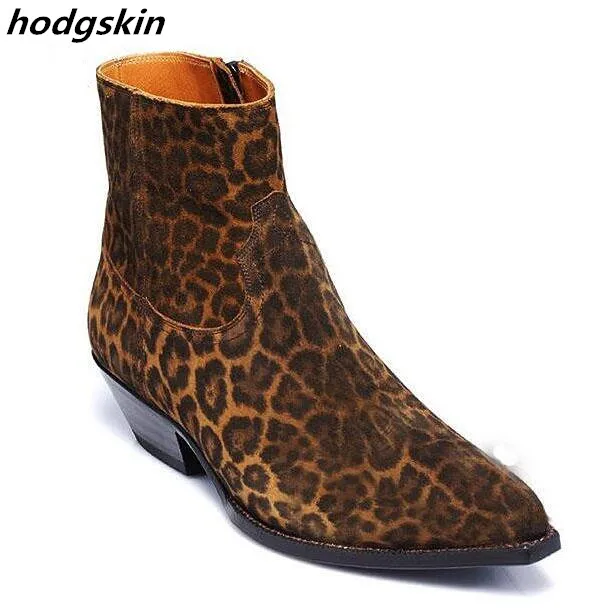

2019 New Leopard Real Leather Suede Pointed Toe Ankle Boots Men Shoes Stacked Heels Side Zipper Flats Sapatos Shoes Mens