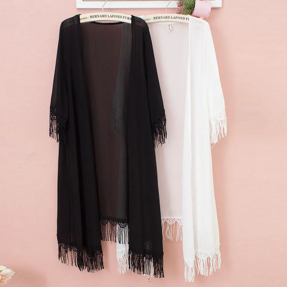 Sexy Women Kimono Cardigan Chiffon Tassel Long Beach Cover Up Tops Shirt Black