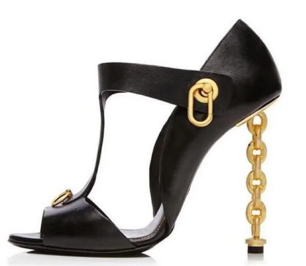 Stylish Peep Toe Gold Chain Heel Sandals Peep Toe Cut out Ankle Strap ...