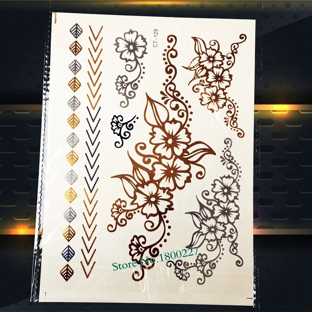 

1 Piece Hot Henna Tattoo Stickers Large Flower Pattern PCT-129 Gold Metallic Temporary Tattoo Leaf Silver Arrows Tattoos Women