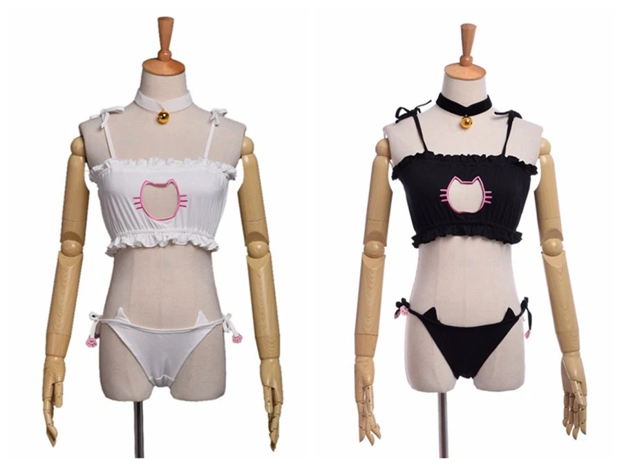 Girls Cute Neko Cat Chest Hollow Out Lingerie Paws Tie Intimates Open Chest Underwear