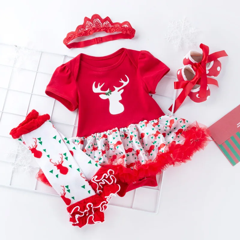 Красный милый комплект одежды принцессы для девочек на Рождество повязка на голову+ леггинсы носок+ туфли+ платья Одежда для первого Рождества Bebes