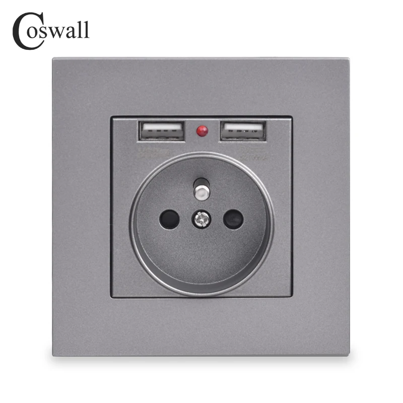 Coswall, двойной usb порт для зарядки, 5 В, 2.1A, светодиодный индикатор, 16A, настенная, французская розетка, ПК Панель, серый, черный, белый, золотой, 4 цвета