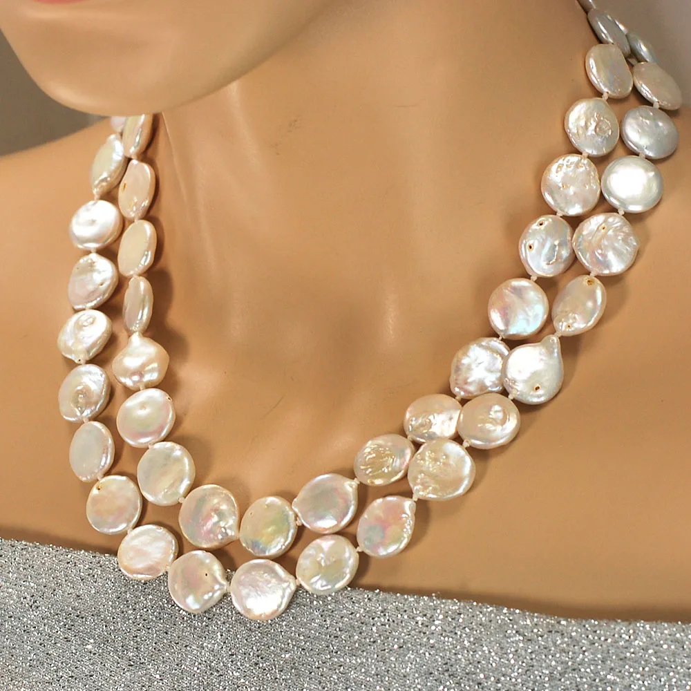 

2 Strands Freshwater Coin Pearl Hand-Knotted Necklace plated magnet Clasp 17