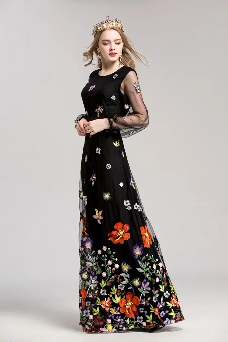 Новое поступление, женские платья с круглым вырезом и длинными рукавами, роскошные элегантные платья макси с цветочной вышивкой для выпускного вечера