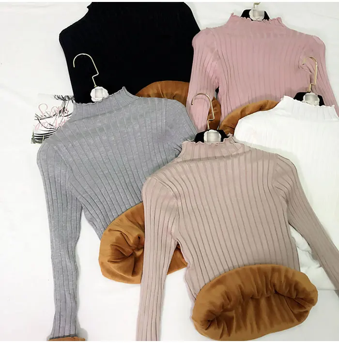 Winter Warm Thicken Sweater Half Turtleneck Women Short Knitted Pullover Plus Velvet Thicken Bottom Sweater Casual Female Jumper