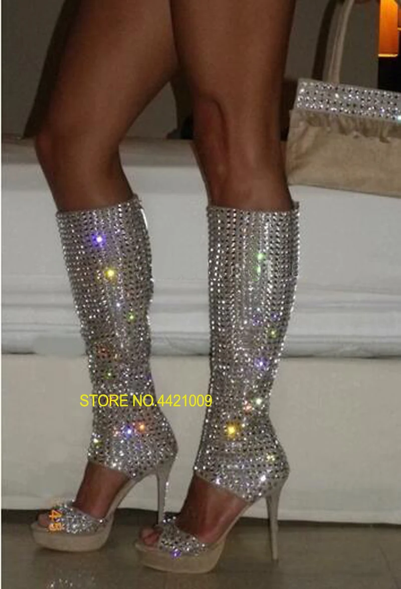 

Knee High Gladiator Boots 2018 Summer Bling Women Open Toe Rhinestone Cut-out Crystal High Heel Long Boots Dress Shoes Boots
