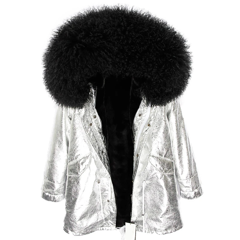 OFBUT winter jacket women real fur coat long parka natural Mongolia Sheep Fur collar hood thick warm streetwear brand new - Цвет: silver black