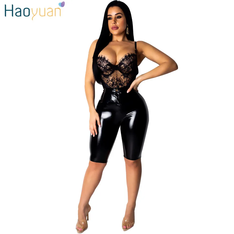 

HAOYUAN High Stretch PU Leather High Waist Shorts Women Black Pink Faux Leather Biker Shorts Push Knee Length Sexy Short Pants