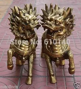 

14" Chinese Bronze engshui Phylactery Beast Kylin Chi-lin Unicorn Pair Statue