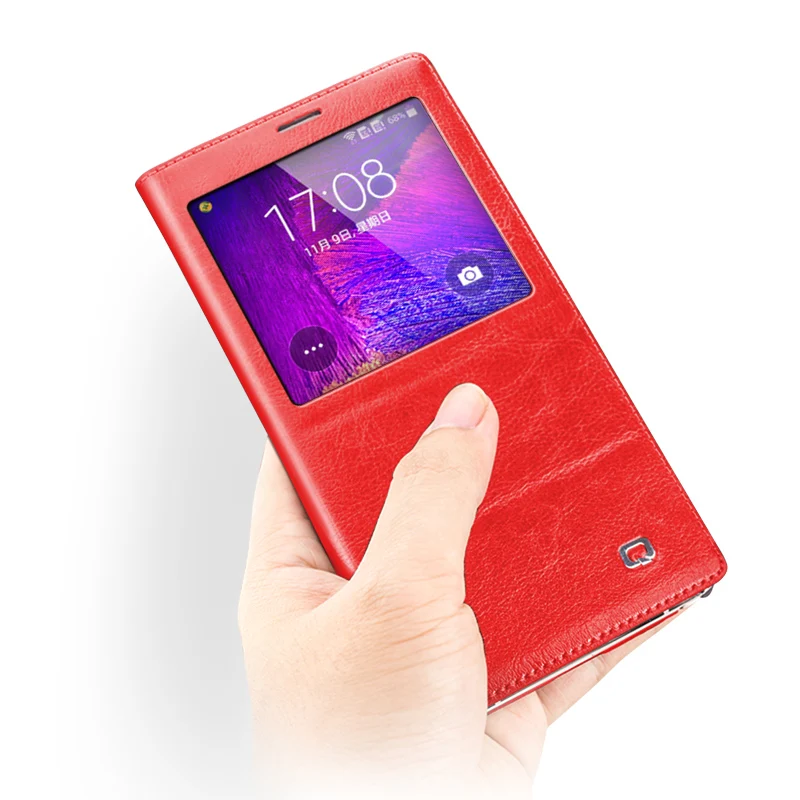 Luxury + Smart Cover for Samsung Galaxy NOTE4 Qialino Brand Real Natural Cow skin case for Samsung Note 4 Auto sleep + window