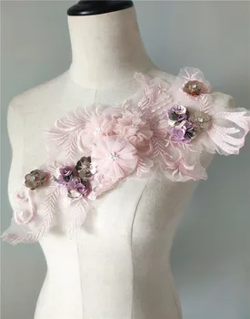 

2 Pieces 36*17cm Elegant 3D Flower Embroiderey Pearl Beaded Lace Applique Lace Trim Dress Fabrics Material Pink