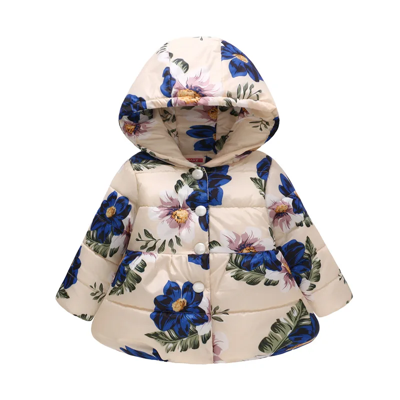 Куртка для девочек; Осень-зима г.; теплое пальто с капюшоном на пуговицах с цветочным принтом и принтом бабочки; Верхняя одежда для маленьких девочек; одежда для детей