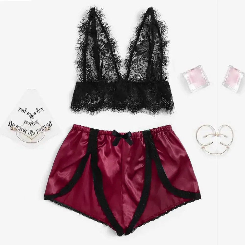 

Sleep Pajama Set Fashion Sexy Women Satin Floral Lace Lingerie Set Pajamas Babydoll Sleepwear Cami Top + Shorts Sets Nightwear#7