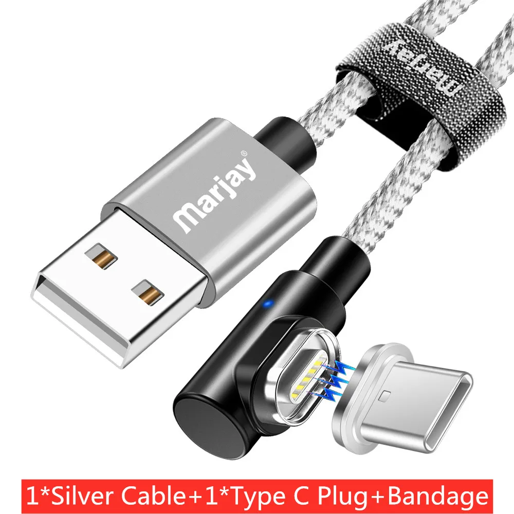 Marjay usb type C кабель 90 градусов 3A Быстрая зарядка type-C Магнитный кабель для samsung S8 S9 S10 Plus Xiaomi mi8 mi9 магнит USB-C - Цвет: Silver