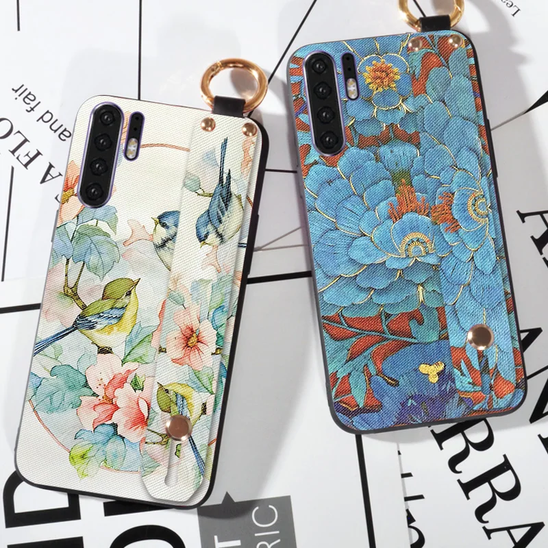 

Wrist Strap Flower Emboss Cases For Huawei P30 Luxury Silicone Cartoon Cloth Cover For Huawei P30 Pro