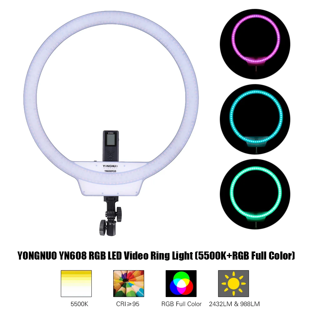 

YONGNUO YN608 RGB LED Video Light Photography Video Ring Light 5500K+RGB Full Color with Remote Controller for Live Video Selfie