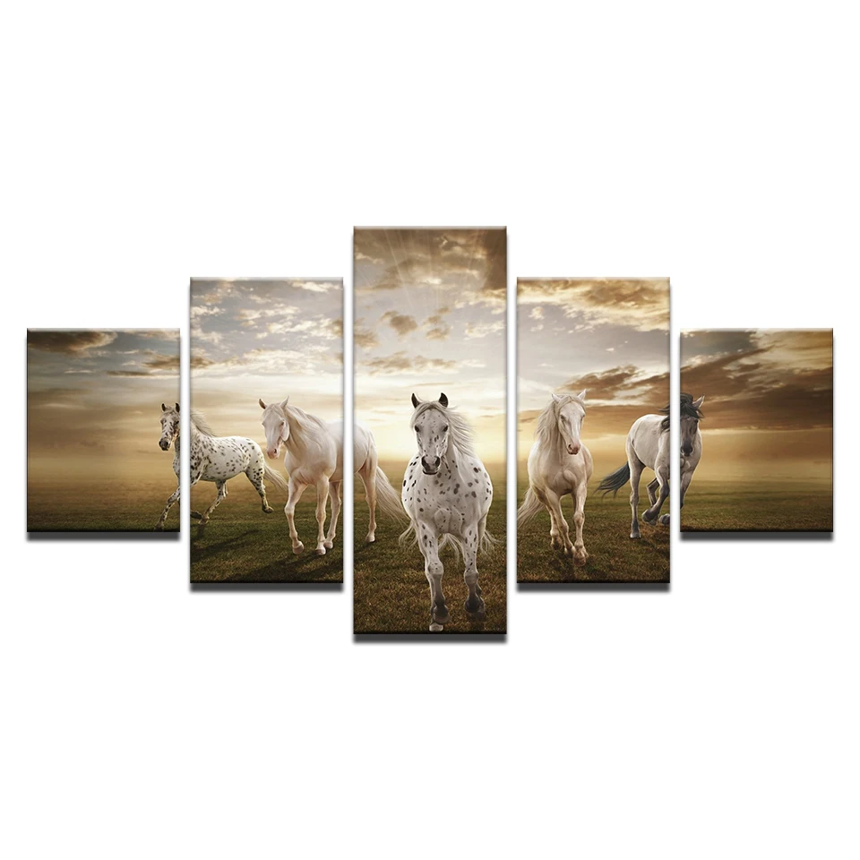 Картины на холсте, настенная художественная рамка, декор для гостиной, 5 шт., картины с бегущим конем, модульные HD принты, облака, животные, плакат с изображением лошадей