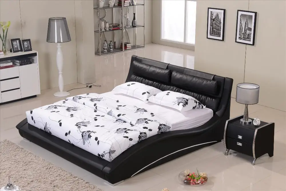 Image Furniture bedroom Confortable Black leather headrest Bed solid Wood Frame Curved shaped smart modern bed B07