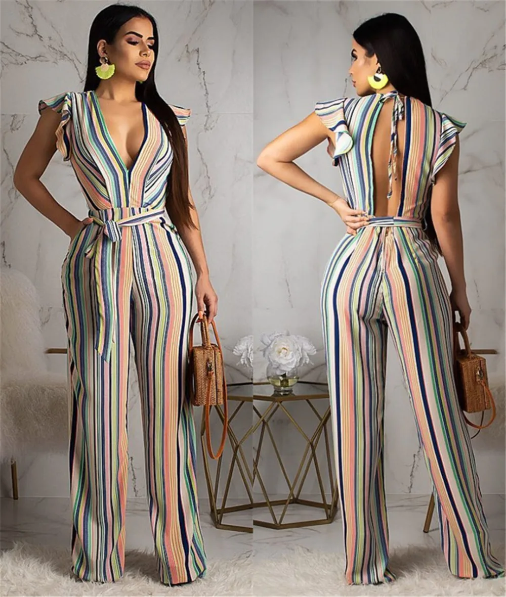 

Sleeveless Striped Print Deep V Neck Strapless Women Backless Wide Pants Rompers Women Jumpsuits