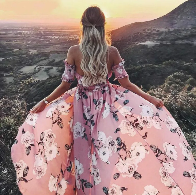 

Strapless Summer Style Long Dress For Women High Split Elastic Floral Long Dress Elegant Chiffon Boho Casual Vestidos Dress