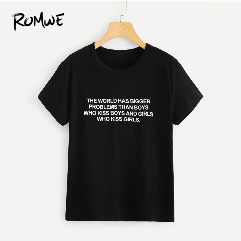 

ROMWE Letter Print T-Shirt 2019 Black Casual Short Sleeve Round Neck Graphic Tees Women Summer Chic Korean Clothes Shirt
