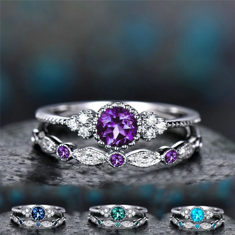QCOOLJLY 2 шт./компл.; роскошная женская обувь, расшитая зелеными синий камень кольца с настоящими Австрийскими кристаллами Для женщин серебряного цвета Цвет Свадебные Обручение кольца, ювелирное изделие, Дропшип