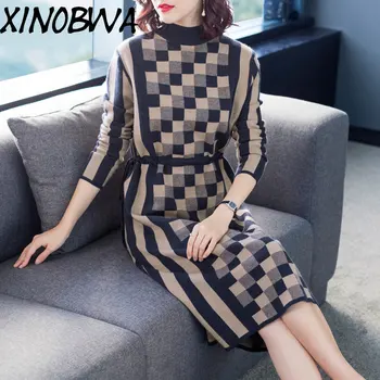 

Europe New Women Autumn Fashion Loose Turtleneck Long Sleeve Plaid Knitted Sweater Dress Female Spring Plus Size Sweater Dress