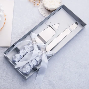 

2017 Wedding Favors And Gifts Free Shipping Personalized Elegant Double Heart Wedding Cake Knife Serving Set Decoration Custom