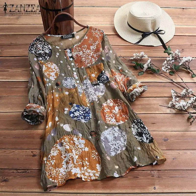 ZANZEA женская блузка, летние топы с цветочным принтом, Женская туника с длинным рукавом, топ 5XL, винтажные блузы, женское платье рубашка, большие размеры