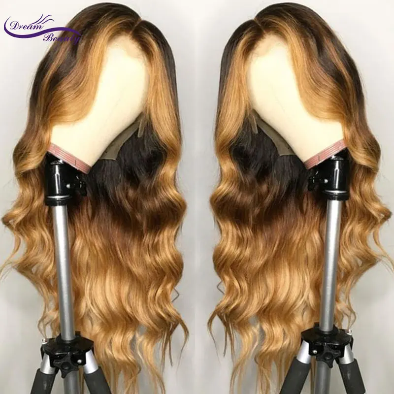 Brazilian Remy Hair Lace Front Wig Wavy Ombre Blonde Highlights