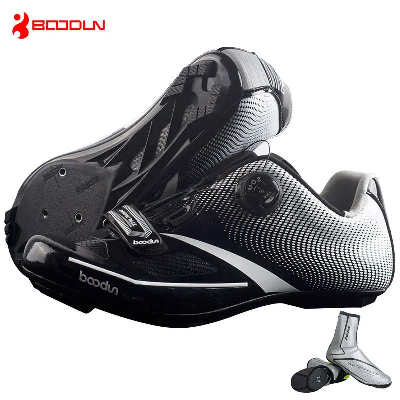 black with overshoes BOODUN, дышащий материал, профессиональная самоблокирующаяся велосипедная обувь, обувь для шоссейного велосипеда, Ультралегкие спортивные гоночные кроссовки, Zapatos Ciclismo - Цвет: black with overshoes