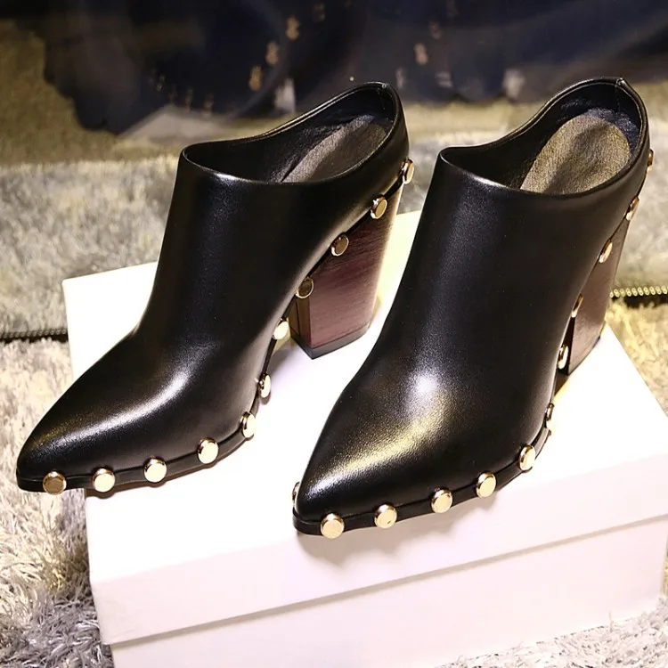 

Women's Genuine Leather Rivets Mules Shoes High Heel Point Toe Pumps H6