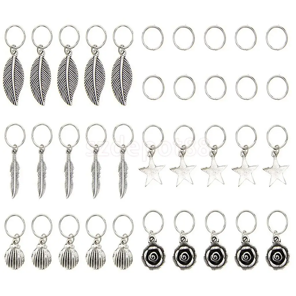 35pcs Hip Hop Silver Hair Braid Rings Hair Loops Clips 6Styles Bulk DIY Hair Accessories - Star Leaf Shell Loop Feather Flower