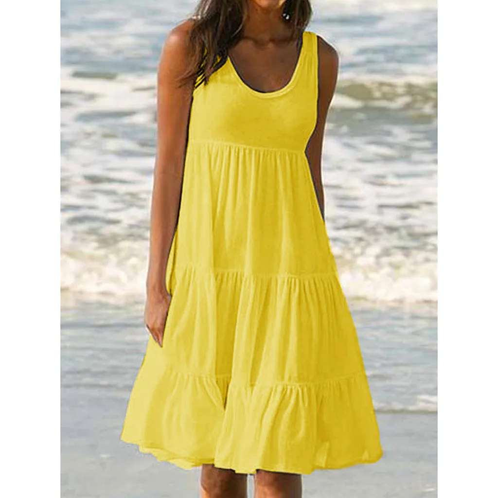 

2019 Womens Holiday Summer beach Solid yellow dresses women Sleeveless Party night midi sexy lace Dress robe femme