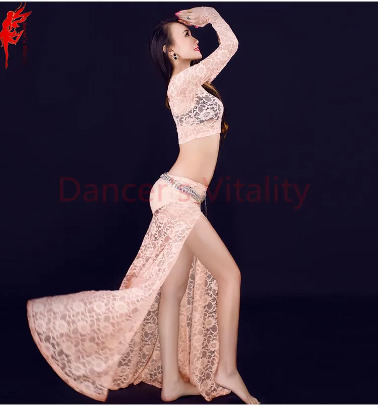 Танец живота одежда женщин кружева с длинными рукавами топ+ юбка 2 шт. Танец живота костюм девушки танцовщицы набор S M L