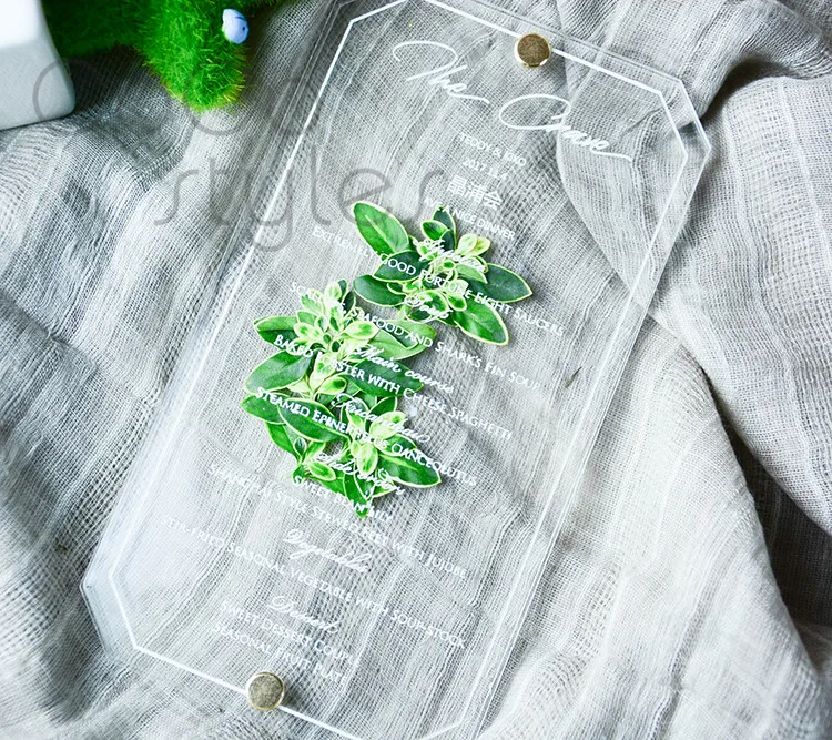  Cocostyles bespoke unique acrylic double layer greenery invitation card with engraving for lawn wed - 32855940717