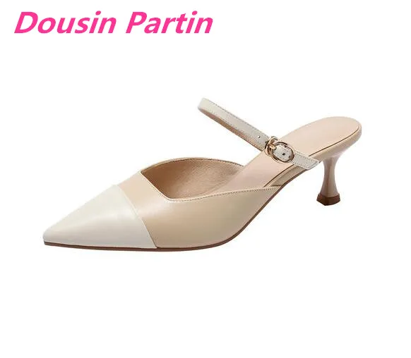 

Dousin Partin Women Pumps Cow Leather Pointed Toe Thin Middle Heel Slingback Mixed Color Comfortable Anti-skid Sandals