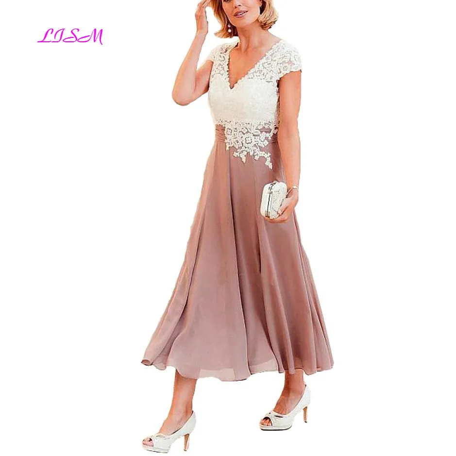 

Newest Mother of the Bride Dress V-Neck Chiffon Tea Length Wedding Guest Dress Short Sleeves Top Lace Groom Party Gowns