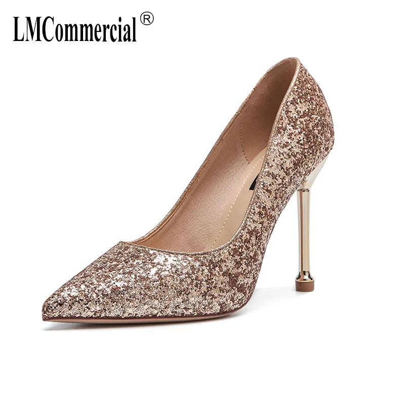 

2019 Spring new high heels Korean version fashion single shoes pointy sexy low-help sequins shoes women luxury shoes designers