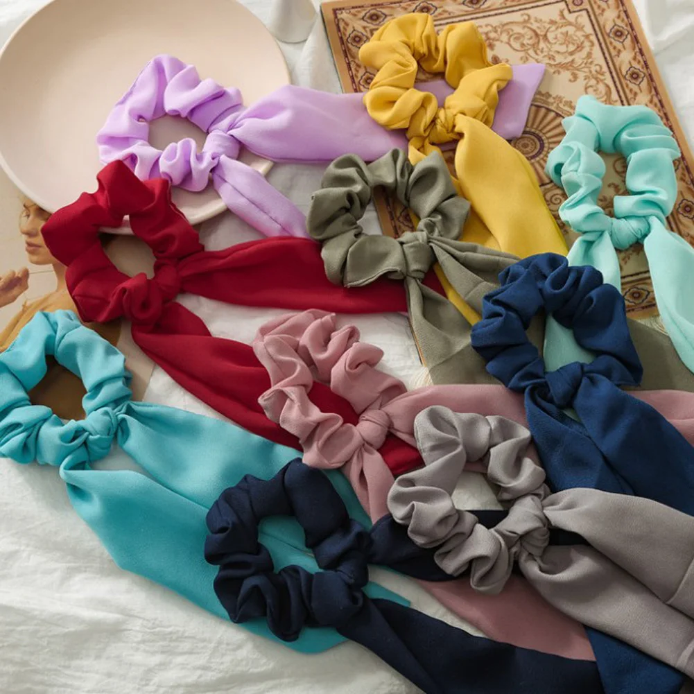 Elastic Hair Bands Rabbit Ear Bow Soft Accessories Summer New Fashion Solid Chiffon Diy Streamers Scrunchie |