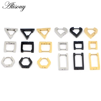 

Alisouy 1 Pair Titanium Fashion Triangle Square Rhombus Heart rectangle Men Women ear Stud Earrings Pierced push-back ear plug