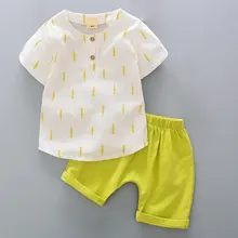 Летняя Одежда для мальчиков комплект для маленьких мальчиков хлопковая рубашка+ короткие наборы Повседневное белье футболка комплект с Шароварами детские мягкие комплекты От 9 месяцев до 4 лет