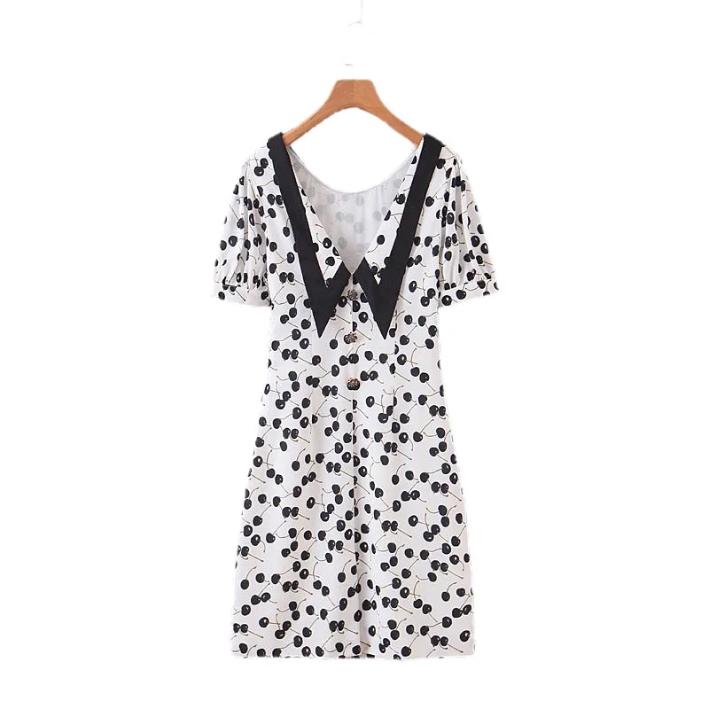 

QZ893 European Vintage Design Neck Cherry Print Slim Diamonds Button Dress Women's Retro Pattern Mini Vestidos