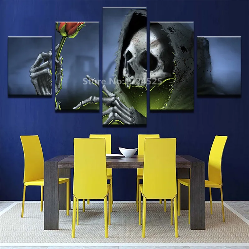 Canvas-Pictures-Home-Decor-Wall-Art-5-Pieces-Black-Hat-Skull-Red-Rose-Painting-For-Living (1)