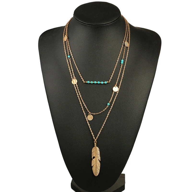 

Multi Layer Necklace Green Round Bead Necklace Chocker Coin Feather Necklace Women Accessories Jewlery